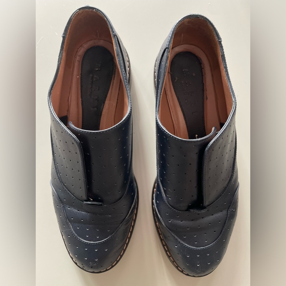 Marni Navy Perforated Leather Slip-On Loafers - Picture 4 of 5